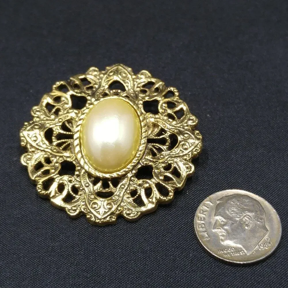 Vintage 1928 Faux Pearl Brooch, Gold Tone Filigree Patterned Back, 1990s, 1 1/2